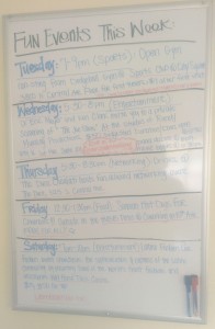The activities board at Coworking on 15th Ave